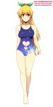  1girl blonde_hair breasts heart_cutout highres hiromin long_hair looking_at_viewer nijie-tan one-piece_swimsuit original ponytail red_eyes smile solo swimsuit 