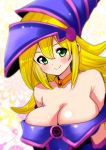  1girl bare_shoulders blonde_hair breasts dark_magician_girl green_eyes hat hexagram jewelry large_breasts long_hair looking_at_viewer necklace off_shoulder perepere-kun smile solo upper_body yuu-gi-ou 