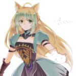  1girl animal_ears archer_of_red blonde_hair bow_(weapon) cat cat_ears dress fate/apocrypha fate_(series) gradient_hair green_eyes green_hair long_hair multicolored_hair solo tamaki_(glass_bottle) two-tone_hair weapon 