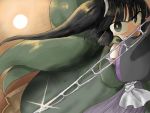  adagumo_no_yaorochi androgynous black_hair clenched_teeth detached_sleeves grey_eyes hakama jandare japanese_clothes len&#039;en long_hair multiple_tails ponytail scarf side_ponytail snake_tail solo sunset sword_of_kusanagi tail weapon 