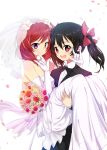  2girls \m/ black_hair bouquet caibao carrying double_\m/ dress elbow_gloves female flower gloves hair_flower hair_ornament hair_ribbon highres looking_at_viewer love_live!_school_idol_project multiple_girls nico_nico_nii nishikino_maki open_mouth petals princess_carry red_eyes redhead ribbon rose strapless_dress tuxedo twintails veil violet_eyes wedding wedding_dress yazawa_nico yuri 