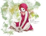  1girl bandages eto_(tokyo_ghoul) hood knees_apart_feet_together red_eyes simple_background sitting solo soso tokyo_ghoul 