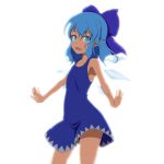  1girl :d adapted_costume armpits bare_arms bare_shoulders blue_eyes blue_hair blush bow casual cato_(monocatienus) cirno collarbone cowboy_shot dress hair_bow ice ice_wings large_bow looking_at_viewer open_mouth outstretched_arms petite short_hair smile solo sundress touhou tsurime wavy_hair white_background wings 