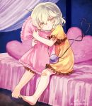  1girl alternate_costume bandaid barefoot chaba_(hortensia) curtains dated eyeball frills full_body green_eyes green_hair heart heart_of_string heart_pillow komeiji_koishi nightgown no_hat on_bed pillow pillow_hug short_hair sitting solo string third_eye touhou twitter_username 