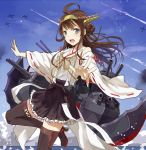  1girl ahoge bare_shoulders battle blue_sky boots brown_hair brown_skirt detached_sleeves double_bun frilled_skirt frills grey_eyes hairband headgear highres jewelry kantai_collection kongou_(kantai_collection) long_hair looking_at_viewer machinery nontraditional_miko one_leg_raised open_mouth outstretched_hand pleated_skirt ribbon-trimmed_sleeves ribbon_trim ring skirt sky solo stflash thigh-highs thigh_boots wedding_band 