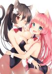  2girls animal_ears ass bare_shoulders black_hair blue_eyes blush breast_press breasts cat_ears cat_tail cleavage fang fishnet_pantyhose fishnets ichijou_kokona large_breasts long_hair looking_at_viewer midorikawa_you multiple_girls multiple_tails one_eye_closed open_mouth original pantyhose pink_hair red_eyes revision simple_background small_breasts smile symmetrical_docking tail v white_background wrist_cuffs 