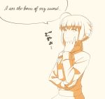  1girl ahoge comic commentary_request english fate/stay_night fate_(series) monochrome orange_(color) saber simple_background solo tsukumo 