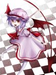  +5cm 1girl ascot bat_wings bent_over checkered checkered_background dress fang flying kneehighs lavender_hair looking_at_viewer mob_cap open_mouth polearm red_eyes remilia_scarlet short_hair solo spear touhou weapon wings wrist_cuffs 