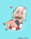  1girl blue_eyes chibi coconut drinking flower hair_flower hair_ornament heart highres kantai_collection lifebuoy long_hair mae_(maesanpicture) ro-500_(kantai_collection) sailor_collar school_swimsuit silver_hair slippers solo straw swimsuit swimsuit_under_clothes tan tanline twitter_username water 