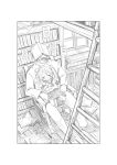  1boy 1girl absurdres admiral_(kantai_collection) book book_on_head bookshelf chair closed_eyes drooling greyscale highres kantai_collection ladder library monochrome object_on_head sazanami_(kantai_collection) school_uniform serafuku sitting sitting_on_lap sitting_on_person sleeping soborou window 