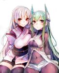  2girls :&lt; arms_behind_back asymmetrical_docking bangs black_legwear blunt_bangs bodysuit breast_press breasts cleavage cleavage_cutout covered_navel cowboy_shot detached_sleeves frown gloves green_hair headgear highres hips impossible_bodysuit impossible_clothes japanese_clothes kimono light_smile long_hair looking_at_viewer menou_kaname multiple_girls obi original parted_bangs payot red_eyes sash short_kimono short_shorts shorts side-by-side simple_background sitting skin_tight smile taishi_(picchiridou) thigh-highs tsuru-chan turtleneck unaligned_breasts unitard very_long_hair violet_eyes white_background white_hair zettai_ryouiki 