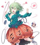  2girls ;d ahoge aki_(akikaze_asparagus) blush breasts bubble_skirt cosplay eyeball green_eyes green_hair hata_no_kokoro hata_no_kokoro_(cosplay) heart komeiji_koishi large_breasts long_hair long_sleeves looking_at_viewer mask multiple_girls nude one_eye_closed open_mouth pink_eyes pink_hair plaid plaid_shirt shirt short_hair simple_background skirt smile spoken_heart third_eye touhou white_background 