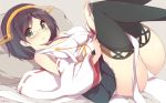  1girl bare_shoulders black_hair blush boots breasts detached_sleeves glasses green-framed_glasses hairband japanese_clothes kantai_collection kirishima_(kantai_collection) large_breasts looking_at_viewer nontraditional_miko panties remodel_(kantai_collection) short_hair skirt solo thigh-highs thigh_boots underwear watanohara 