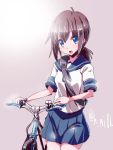  1girl bicycle blue_eyes brown_hair fubuki_(kantai_collection) kantai_collection miuku_(marine_sapphire) open_mouth payot ponytail school_uniform serafuku skirt smile 