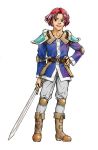  1boy armor artist_request belt boots brown_boots full_body hand_on_hip knee_pads lufia lufia:_the_legend_returns male_focus open_mouth red_eyes redhead shoulder_pads smile solo standing sword wain weapon white_background white_pants 