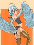  1girl ahoge blue_hair blue_wings feathered_wings hand_on_hip harpy monster_girl monster_musume_no_iru_nichijou orange_eyes papi_(monster_musume) pose signature sketch small_breasts smile snibako solo wings 