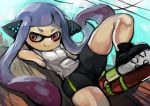  1girl arm_behind_head armpits bike_shorts inkling lavender_hair long_hair lying mask on_back red_eyes shirt shoes smile solo splatoon super_soaker tentacle_hair toi_(toiot) white_shirt 