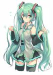  1girl detached_sleeves green_eyes green_hair hair_tousle hatsune_miku headset highres kame^^ long_hair necktie skirt solo thigh-highs twintails very_long_hair vocaloid white_background 