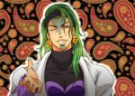  ;) earrings floral_background green_hair grin hair_down headband jewelry jojo_no_kimyou_na_bouken long_hair long_sleeves looking_at_viewer one_eye_closed outline outstretched_hand paisley red_eyes smile tanakaoften tattoo terence_trent_d&#039;arby turtleneck upper_body 