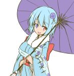  1girl blue_eyes blue_hair blush garasuita heterochromia karakasa_obake open_mouth red_eyes short_hair sketch smile solo tatara_kogasa touhou umbrella 