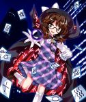  1girl alphes_(style) brown_eyes brown_hair cape card glasses gloves hat kneehighs low_twintails maguroido open_mouth parody plaid plaid_skirt plaid_vest red-framed_glasses school_uniform semi-rimless_glasses skirt smile style_parody touhou twintails under-rim_glasses usami_sumireko white_gloves white_legwear 