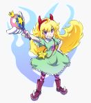  ahoge blonde_hair boots cosplay crossover devil_horns dress grin long_hair pantyhose rwby smile star_butterfly star_butterfly_(cosplay) star_vs_the_forces_of_evil violet_eyes wand yang_xiao_long 