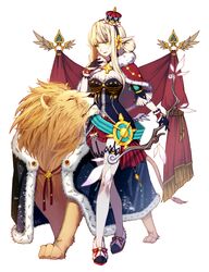  1girl alternate_hairstyle artist_name black_gloves blonde_hair bow_(weapon) breasts capelet cleavage crown earrings elsword full_body fur_trim garter_straps gloves green_eyes heart highres jewelry kc/keisy lion long_pointy_ears mini_crown parted_lips payot pointy_ears rena_(elsword) shoes sparkle thigh-highs weapon white_background white_legwear 