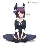  1girl checkered_necktie crossed_legs eyepatch fingerless_gloves gloves headgear kantai_collection necktie purple_hair short_hair sitting solo tenryuu_(kantai_collection) thigh-highs tomoyohi twitter_username yellow_eyes 