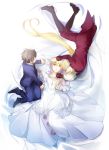  1girl 2boys aki_(neyuki41028) aldnoah.zero asseylum_vers_allusia black_hair blonde_hair closed_eyes dress green_eyes highres kaizuka_inaho long_hair multiple_boys short_hair silver_hair slaine_troyard 