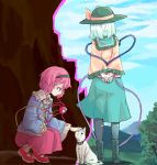  2girls blue_sky bow cat clouds hairband hat hat_bow komeiji_koishi komeiji_satori long_sleeves multiple_girls petting pink_hair shirt siblings silver_hair sisters skirt sky squatting third_eye touhou wide_sleeves yunuki_uta 