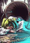  1girl berabou blurry blush bucket green_eyes green_hair hair_bobbles hair_ornament highres japanese_clothes kimono kisume long_sleeves looking_at_viewer lying on_ground on_stomach rope solo touhou twintails wide_sleeves yukata 