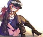  1girl black_legwear blue_eyes blush boots bra bracelet breasts brown_hair cleavage coat fur-trimmed_legwear fur_trim hat high_heel_boots high_heels jacket jacket_on_shoulders jewelry long_hair looking_at_viewer necklace open_clothes open_jacket original ponytail sitting skull_and_crossbones solo suikakitsu_shiro thigh-highs thigh_boots underwear xia_you_qing zettai_ryouiki 