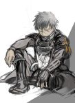  1boy armor doutanuki_masakuni grey_hair ieiieiiei male_focus scar short_hair sitting sketch solo touken_ranbu white_background 