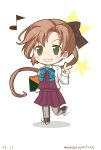  1girl akigumo_(kantai_collection) bowtie brown_hair chibi dated green_eyes hair_ribbon highres kantai_collection mae_(maesanpicture) musical_note ponytail ribbon sketchbook smile solo twitter_username v 