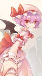  1girl 2girls arm_ribbon artist_name bat_wings bow dated dress hat hat_bow lilith_(lilithchan) looking_at_viewer mini_wings mob_cap multiple_girls orange_eyes pink_dress pov puffy_short_sleeves puffy_sleeves purple_hair red_bow red_eyes remilia_scarlet short_hair short_sleeves smile touhou white_hat wings wrist_cuffs wrist_grab 