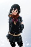  1girl black_hair black_legwear glasses haikyuu!! highres kazuo_daisuke long_hair pantyhose scarf school_uniform shimizu_kiyoko snowing solo 