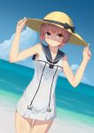  1girl :&lt; adapted_costume bangs bare_legs bare_shoulders beach blue_sky blunt_bangs bow brown_eyes brown_hair collarbone cowboy_shot dress hat hat_bow kantai_collection looking_at_viewer neckerchief ocean sailor_collar sailor_dress seatollead sky solo sun_hat white_dress z3_max_schultz_(kantai_collection) 