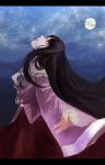  1girl black_hair expressionless full_moon grey_eyes hands_in_sleeves highres houraisan_kaguya japanese_clothes letterboxed long_hair looking_up moon night night_sky pale_skin rarorimiore sky solo star_(sky) starry_sky touhou very_long_hair 