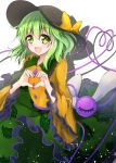  1girl bow floral_print green_eyes green_hair hat hat_bow heart heart_hands highres komeiji_koishi long_sleeves open_mouth shirt skirt smile solo third_eye touhou wide_sleeves ymd_(holudoun) 