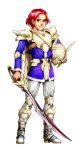  1boy absurdres armor artist_request belt full_body headwear_removed helmet helmet_removed highres holding lufia:_the_legend_returns male_focus official_art red_eyes redhead smile solo standing sword tunic wain weapon white_background 