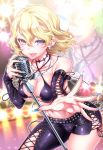  1girl akira_(natsumemo) bare_shoulders blonde_hair blue_eyes blue_nails blush breasts cleavage detached_sleeves earrings fangs fingernails jewelry large_breasts looking_at_viewer microphone nail_polish navel open_mouth original outstretched_hand pointy_ears short_hair smile solo 