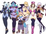  1boy 5girls breasts character_request cleavage copyright_request demon_girl gloves horns huge_breasts large_breasts long_hair looking_at_viewer glasses_man multiple_girls nurse simple_background smile thighs white_gloves 
