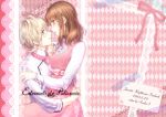  1boy 1girl 2014 argyle argyle_background blonde_hair blue_eyes bow brown_hair chef_uniform couple cover cover_page crescent_hair_ornament dated doujin_cover eye_contact gem hair_ornament hetero hug jewelic_nightmare looking_at_another pink_background pink_bow pink_skirt short_hair skirt smile sumeragi_seiichirou tsukishiro_michiru yellow_eyes yuuna_minato 