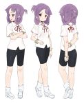  1girl bike_shorts blush looking_at_viewer multiple_views ponytail purple_hair saki shisoneri violet_eyes 