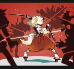  1girl alternate_costume dual_wielding fairy fighting highres inubashiri_momiji sword touhou usudaidai weapon 