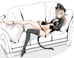  1girl animal_ears artist_request bikini bikini_pull black_bikini black_legwear blonde_hair blush breasts cat_ears cat_tail cleavage couch cropped_jacket green_eyes groin hat heinrike_prinzessin_zu_sayn-wittgenstein iron_cross long_hair long_sleeves lying navel no_shoes on_back peaked_cap single_thighhigh solo source_request strike_witches swimsuit tail thigh-highs 