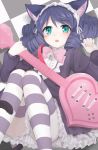  1girl animal_ears bell blue_hair blush bowtie cat_ears cat_tail curly_hair cyan_(show_by_rock!!) green_eyes headdress heart heart_guitar looking_at_viewer mobu short_hair show_by_rock!! solo striped striped_legwear tail thigh-highs 