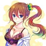  1girl blue_eyes blush bow bra breasts brown_hair cleavage collarbone food food_themed_clothes fruit hair_ornament large_breasts long_hair looking_at_viewer off_shoulder open_clothes open_shirt original shirt side_ponytail smile solo suikakitsu_shiro underwear watermelon xia_you_qing 