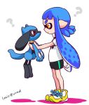  1girl ? blue_hair carrying company_connection crossover inkling nintendo pointy_ears pokemon pokemon_(creature) red_eyes riolu rui_(veranda) shoes shorts splatoon tentacle_hair twintails 