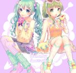  2girls aqua_eyes aqua_hair candy detached_sleeves goggles goggles_on_head green_eyes green_hair gumi hair_ornament hairclip hatsune_miku hina_(milk_ti_leaf) kneehighs lollipop long_hair multiple_girls necktie open_mouth sitting skirt socks striped striped_legwear swirl_lollipop thigh-highs twintails vertical-striped_legwear vertical_stripes vocaloid 